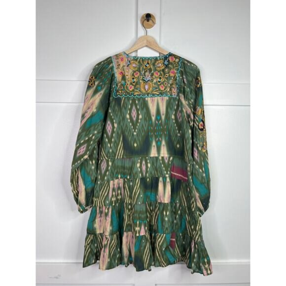NEW Figue Josie Embroidered Short Bohemian Pom Pom Long Sleeve Green Mini Dress - Picture 8 of 10